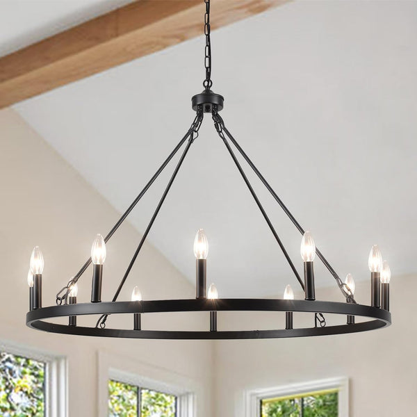 Wagon Wheel Chandelier 12 Light 38" Large Black Farmhouse Chandelier for Dining Room Rustic Country Pendant Light Fixtures Hanging Modern round Chandeliers for Living Room High Ceilings Foyer Entryway1