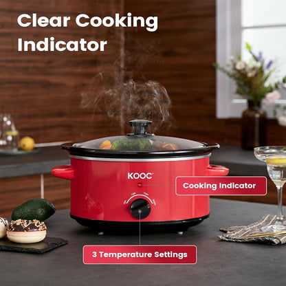 4-Quart Slow Cooker, 3 Cooking Settings, Dishwasher Safe Ceramic Crock, Lid, Free Pot Liners Included, RED, Ellipse Pot6