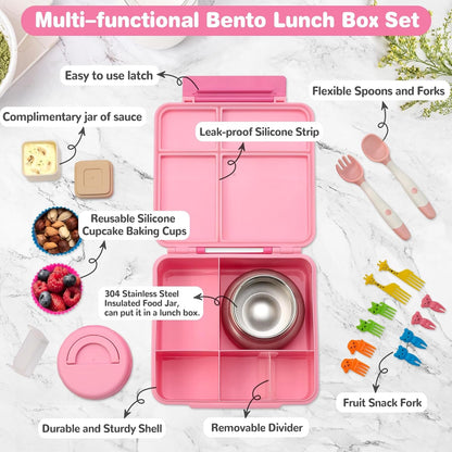 Bento Lunch Box with 9.5 Oz Soup Thermo, Kids Leakproof 4 Compartments Bento Box with Silicone Cupcake,Fruit Fork,Spoon and Sauce Cup,Insulated Food Jar for School Travel-Pink2