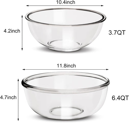 Large Borosilicate Glass Mixing Bowls, Set of 2 (6.4QT, 3.7QT) - Heavy-Duty, Stackable & Lead-Free. Oven, Microwave, Dishwasher & Freezer Safe. Ideal for Sourdough, Baking, Prepping, Serving.4
