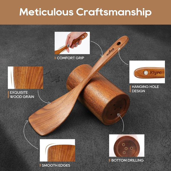 Wooden Spoons for Cooking, Nonstick Kitchen Utensils Set with 4 Piece Measuring Spoons, Comfort Grip Wooden Spatula Set, 9 Piece Teak Wooden Cooking Utensils with Holder and Spoon Rest3