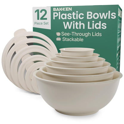 Bakken Master 12 Piece Plastic Nesting Bowls with Lids - Mixing Bowls Set Includes 6 Prep Bowls and 6 Lids, Bpa-Free, Reusable Meal Prep Containers, Microwave, Freezer & Dishwasher Safe, White Cream1