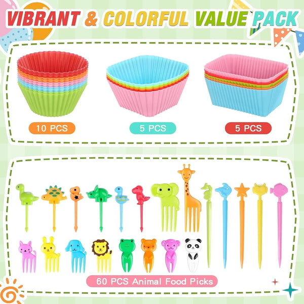 80PCS Silicone Lunch Box Dividers Kit, Cute Lunchbox Bento Box Accessories | 20PCS Reusable Silicone Cupcake Liners, Muffin Baking Cups, 60PCS Fun Animal Food Picks for Kids Boys Girls, School Supplies4