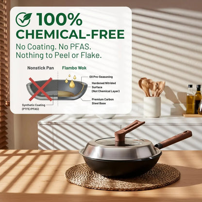 Ultralight 12.6" Carbon Steel Wok with Lid - Naturally Nonstick Carbon Steel Pan, Zero Chemical Wok Pan, Works on Gas & Induction, Nitrided Finish for Stir-Fry, Sautéing, and More4
