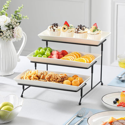 3 Tier Serving Trays, White Porcelain Serving Platters, 12 Inch | Tiered Serving Stand for Party, Fruit Tray, Trays for Serving Food, Dessert Stand with Collapsible Sturdier Metal Rack8