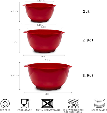 Mixing Bowls Set, 3 Piece Melamine Nesting Bowls with Pour Spout, Non-Slip Base, Great for Prepping, Baking, Mixing Cooking, BPA Free and Dishwasher Safe, Red6