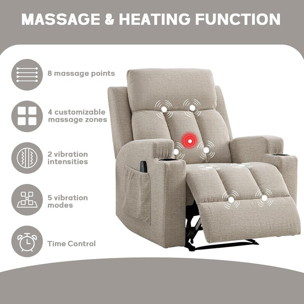 Manual Recliner Chair with Massage and Heat,Comfy Recliner Chair Sofa with Overstuffed Arms and Back, Manual Reclining Single Sofa with 2 Cup Holders, Side Pocket for Living Room,Beige4