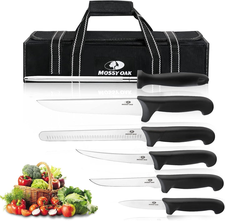 Mossy Oak 6-Piece Knife Set with Sharpening Steel & Roll Bag | Razor Sharp Blades, Non-Slip Ergonomic Handles, Full Bolster Design, Cuts Meat Fruits , Ideal Gift for Cooking Lovers