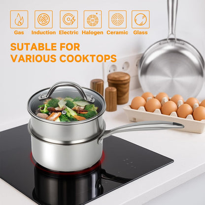 1.5 Qt Tri-Ply Stainless Steel Saucepan with Steamer Basket & Lid | Nonstick, Sauce Pan with Stay-Cool Handle, Induction Safe, Small Cooking Pot, Ideal for Vegetables, Oatmeal, Daily Steaming4