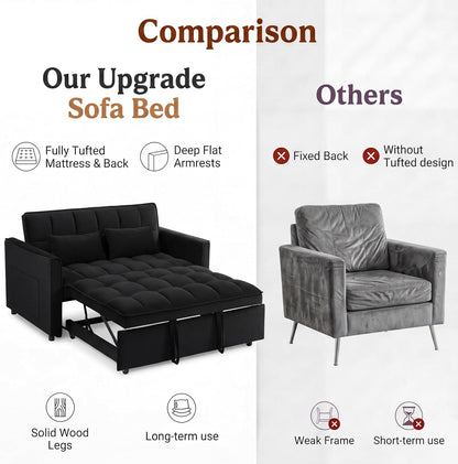 3 in 1 Convertible Sleeper Sofa Bed, 54'' Full Size Velvet Pull Out Futon Couch Recliner with Reclining Backrest & 2 Pillows, Small Loveseat Lounge Couches for Small Spaces (Black)7