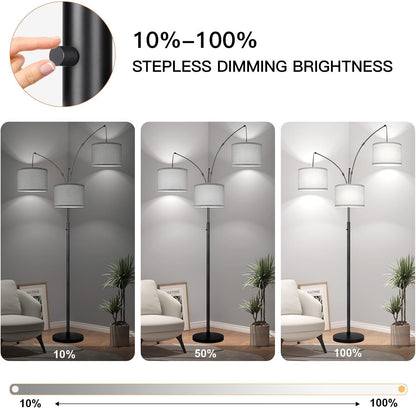 Dimmable Floor Lamp, 3 Lights Black Arc Floor Lamp, Modern Tall Standing Tree Lamp with Grey Linen Shades & Heavy Base, 3000LM LED Bulbs, Bright Lighting for Living Room, Bedroom, Office & Reading3
