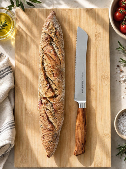 8” Double Serrated Bread Knife – Swedish Steel, Olive Wood3