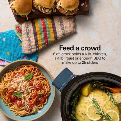 6 Quart Slow Cooker with Space-Saving Folding Handles | 3 Heat Settings | Dishwasher Safe Stoneware Crock & Glass Lid | Kitchen Makeover Blue | 336083