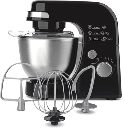 4 Quart Electric Stand Mixer with 7 Speeds | Planetary Mixing for Full Bowl Coverage | Splash Guard | 300 Watts | Whisk, Flat Beater, Dough Hook | Black1