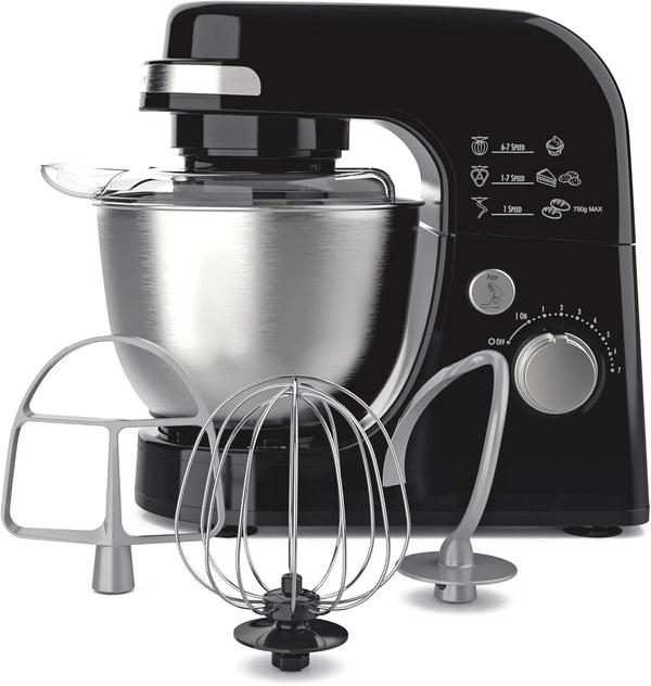 4 Quart Electric Stand Mixer with 7 Speeds | Planetary Mixing for Full Bowl Coverage | Splash Guard | 300 Watts | Whisk, Flat Beater, Dough Hook | Black1