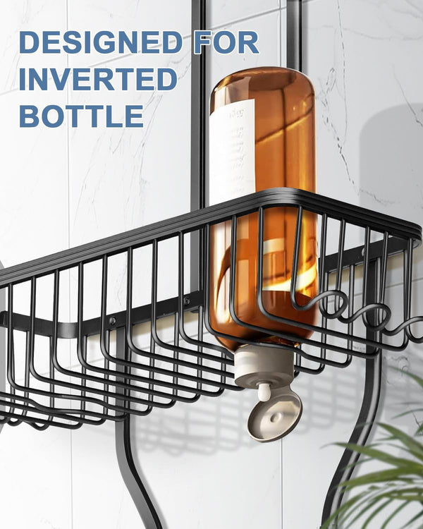 Shower Caddy Hanging - Never Rust Shower Hanging Organizer - Aluminum over the Showerhead Caddy with Soap Basket and 6 Hooks for Razor/Sponge (Black)5