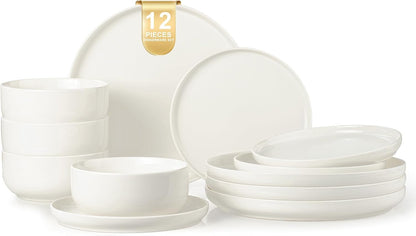 Plates and Bowls Sets, 12 Pieces Ceramic Dinnerware Set for 4, Stoneware Dishware Dishes Set, Scratch Resistant Dishes Set, Dishwasher & Microwave Safe, White1
