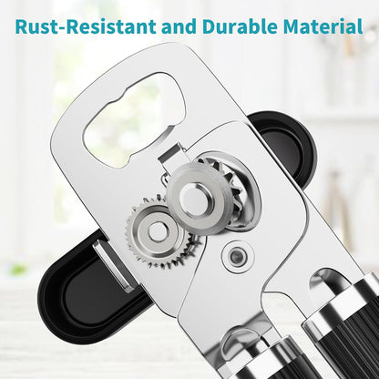 Manual Can Opener Bottle Opener, Heavy Duty Stainless Steel Smooth Edge Manual Hand Held Can Opener with Soft Touch Handle, Rust Proof Oversized Handheld Easy Turn Knob (Black)3