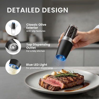 Battery Operated Gravity Salt and Pepper Grinder Set, 2 Pcs (Black) | Automatic Salt and Pepper Grinder Set, Adjustable Roughness,12 Batteries Required, Led Light4