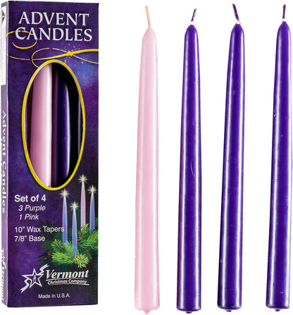 Christmas Advent Candle Set (Set of 4) - Made in the U.S.A. - 10 Inch Wax Taper Candles - 3 Purples Candles & 1 Pink Candle4