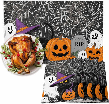 Halloween Pumpkin Placemats Set of 4,Ghost Black Cat Cotton Linen Heat-Proof Washable Placemat for Holiday Banquet Kitchen Table Decor,Spiderweb Black White Table Mat 13X19Inch1