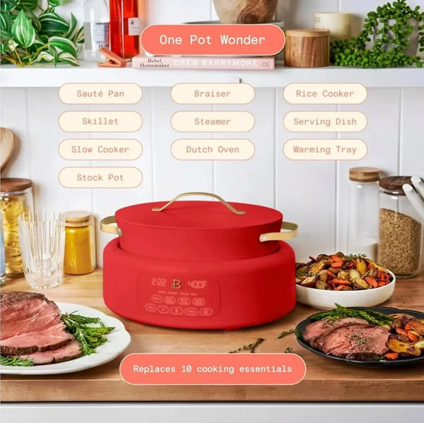 Drew Barrymore 10 in 1, 6 Qt Electric Multi-Cooker, Bright Red, Cast Aluminum3