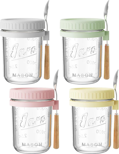 16Oz Glass Overnight Oats Containers with Lids & Spoons, 4 Pack Multicolor1