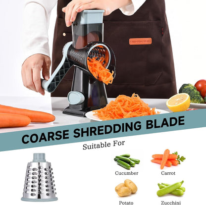 Rotary Cheese Grater with Handle Kitchen Shredder Slicer Grater Slicer Ice Shaver Cheese Vegetable Nuts Potato Zucchini Chocolate 3 Interchangeable Blades (Greyblue3