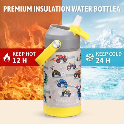14Oz Kids Stainless Steel Water Bottle with Straws, Trucks3
