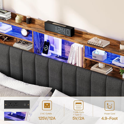 Queen Bed Frame with Headboard and 4 Drawers Storage, Bed Frame Queen Size Built in LED Lights and Charging Station, Sturdy & Noise-Free Upholstered Platform Metal Support Bed, Dark Grey5