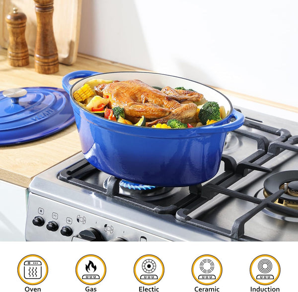 7.5 QT Oval Enameled Cast Iron Dutch Oven Pot with Lid,Blue | Whole Chicken Friendly,For Cooking,Frying, Stewing,Bread Baking,And Roasting,Oven Safe,Dual Handles,Non-Stick Coating6
