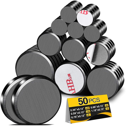 Small Magnets for Crafts with Adhesive Backing, 5 Size, 50Pcs | Sticky round Ceramic Magnets, Flat Ferrite Magnet for Craft, Classroom, Science Education, Whiteboard, Button, Hobbies1
