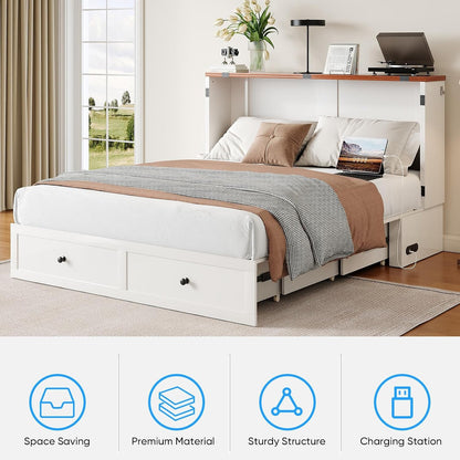 Murphy Bed Queen with Mattress Included, Farmhouse Frame Cabinet Beds Chest with Charging Station & Storage Drawers, Convertible Hideaway Cabinet Bed for Guest Room, White5