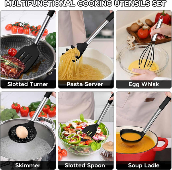 Kitchen Utensils Set, 15 Pcs Silicone Cooking Utensils Set with Holder and Heat Resistant Stainless Steel Handle for Nonstick Cookware - Black7