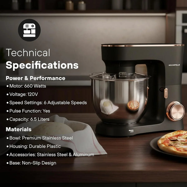 Black Electric Stand Mixer 6.8 Quart Qt, 660W, 6-Speed Adjustable, Stainless Steel Planetary, Portable, Compact & Elegant Kitchen Mixer for Baking & Cooking3