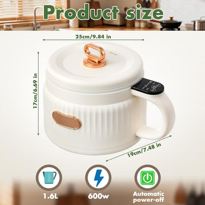 1 Pcs 1.6 L Electric Ramen Rice Cooker Hot Pot Electric Noodle Cooker, Boil Dry Protection, Non-Stick Ceramic Coating Multi-Functional Lazy Pot 6 Functions: Rice, Soup & More (Yellow)2