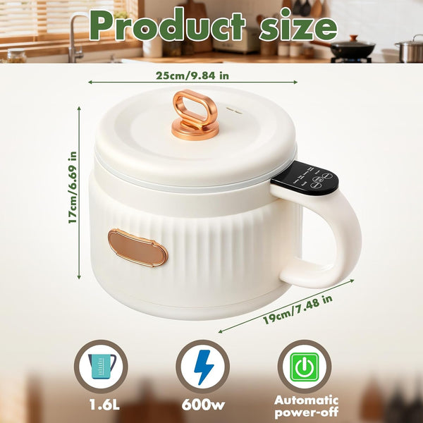 1 Pcs 1.6 L Electric Ramen Rice Cooker Hot Pot Electric Noodle Cooker, Boil Dry Protection, Non-Stick Ceramic Coating Multi-Functional Lazy Pot 6 Functions: Rice, Soup & More (Yellow)2