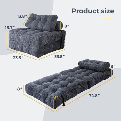 Folding Sofa Bed, Convertible Chair Bed with Pillow | Foldable Couch with Back Support, Portable Fold Out Chair Comfy Floor Sofa for Living Room Bedroom, Dark Grey, Single2