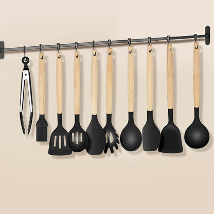 12-Piece Silicone Kitchen Utensils Set with Wooden Handle, Non-Stick & Heat Resistant Cooking Utensils (446°F), Includes Spatula, Spoon, Turner, Tongs, Whisk, Great for Home Cooks-Black7