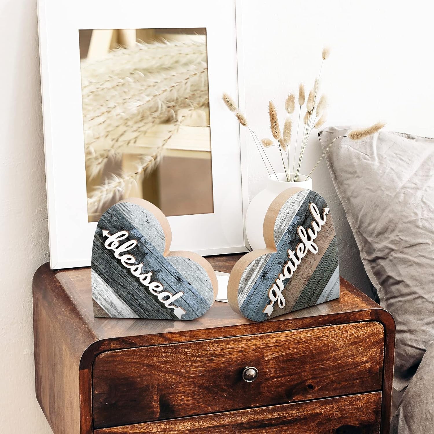 2-pcs-rustic-wooden-heart-block-home-decor-grateful-style-decoration-for-shelves-table-centerpiece-for-mantel-blessed-blue-accent-decorative-plaques-for-home-living-room-gift
