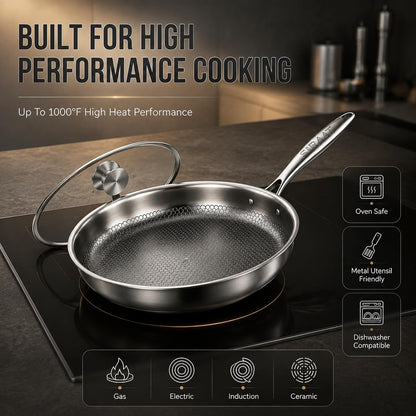 12 Inch Titanium Frying Pan, Pure Titanium Cooking Surface with Hammered Pattern, Pfas-Free 3-Ply Stainless Steel Induction Skillet, High Heat Oven Safe Coating-Free Pan with Tempered Glass Lid7
