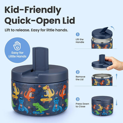 12Oz Insulated Vacuum Food Jar with Buckle Lid Wide Mouth Soup Thermo for Hot Food Kids Leakproof Stainless Steel Lunch Container (Blue-Dinosaur)2