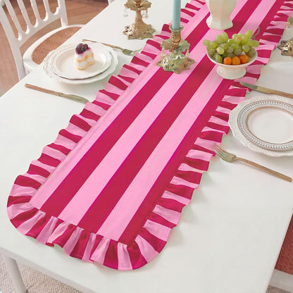 Ruffle Edge Striped Table Runner, 72X15.7 Inch, Pink Rose Red3