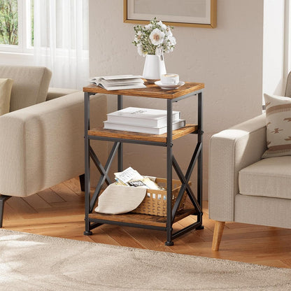 Side Table, End Table with 3 Tiers Open Shelves, Bedside Table for Sofa Couch, Nightstand, Living Room, Bedroom, Rustic Brown2