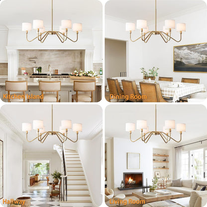 Modern Gold 6-Lights Chandelier, 39" Pendant Light with White Fabric Shade Adjustable Classic Chandelier Light Fixtures for Kitchen Island Dining & Living Room Entryway8