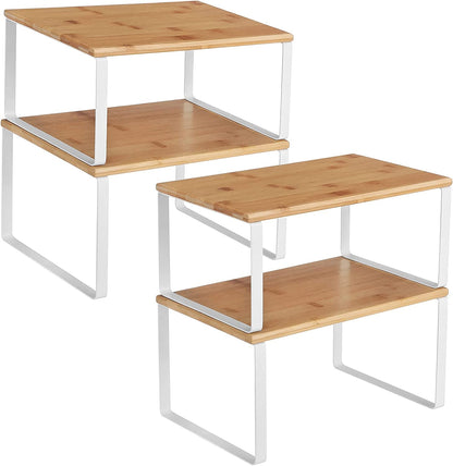 SONGMICS Cabinet Organizer Shelf, Set of 4 Spice Rack, Kitchen Storage | Kitchen Storage, Spice Rack, Steel and Bamboo, White and Yellow, BYSTRO Collection UKCS010N011