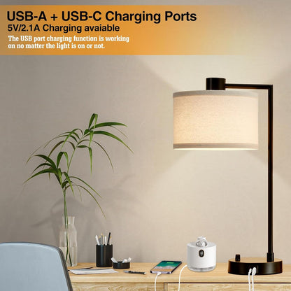 Table Lamp for Bedroom Set of 2 with USB C+A Ports, Fully Stepless Dimmable Bedside Lamp with Linen Lampshade, Contemporary Lamp for Living Room Reading Office, 2 LED Bulbs Included (Black) | Nightstand Lamp with Linen Lampshade, 2 LED Bulbs Included,Desk Lamp for Bedroom, Living Room, End Table, Reading, Office2