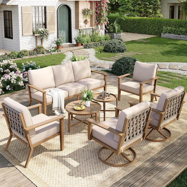 7-Piece Steel Patio Conversation Set, Swivel Chairs, Beige1