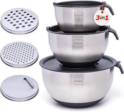 Stainless Steel Mixing Bowls Set of 3, Large Nesting Bowls with Airtight Lids for Food Prep, Cooking, Baking, Salad, and Outdoor Dining (Black, 3 Pcs)1