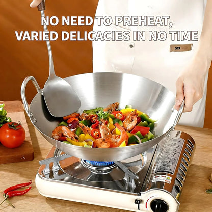 Stainless Steel Wok round Bottom Frying Pan Double Handle Heated Evenly Portable Cookware Traditional Tableware Cooking Pot Wok for Kitchen Outdoor,38Cm2